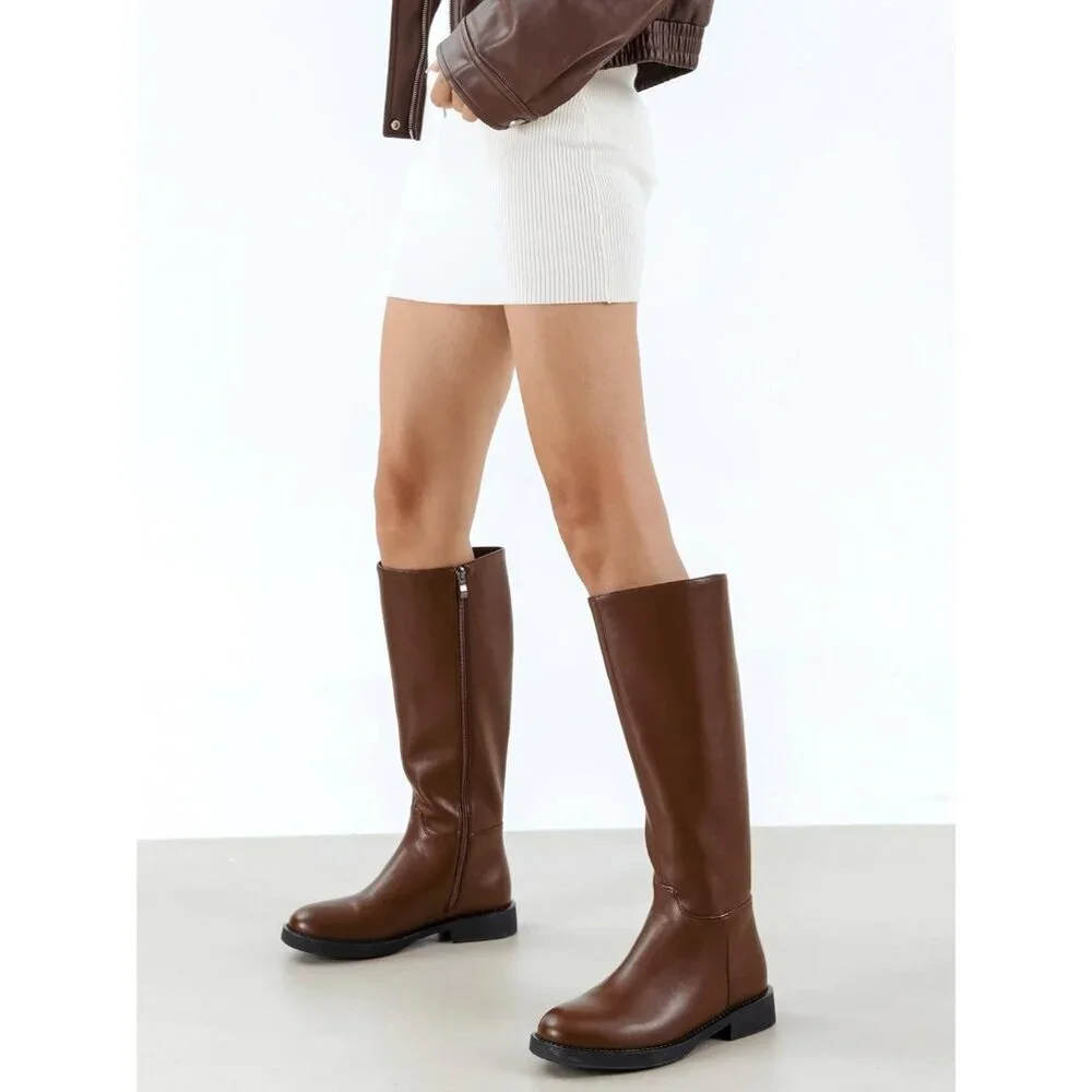Women's Brown Chunky Low Heels Toe Side Zipper Knee High Boots Rubber